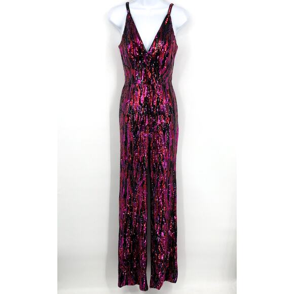 DRESS THE POPULATION Charlie Sequin Jumpsuit XS Pink Magenta Sleeveless NWOT - Picture 1 of 10